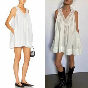 Helsa Mini Dress With Lace in Tech Poplin White Causal